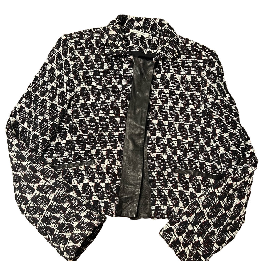 Rebecca Minkoff Tweed Leather Cropped Jacket XS Black White Designer Blazer